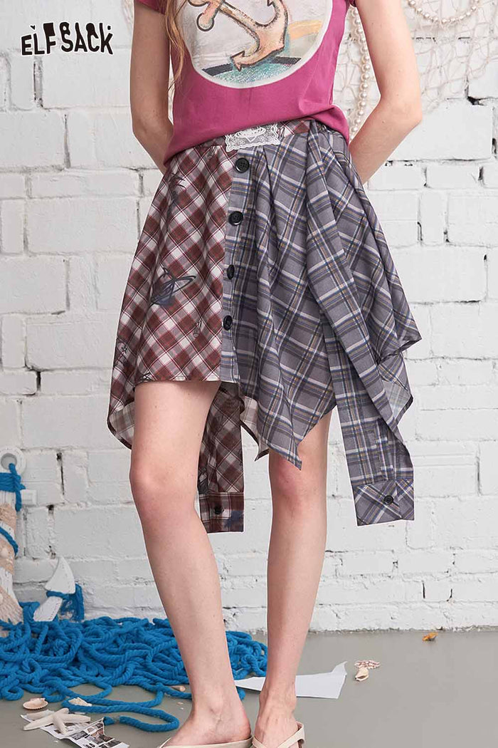 ELFSACK Asymmetrical Plaid Patchwork Midi Skirt
