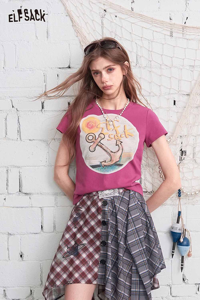 ELFSACK Asymmetrical Plaid Patchwork Midi Skirt