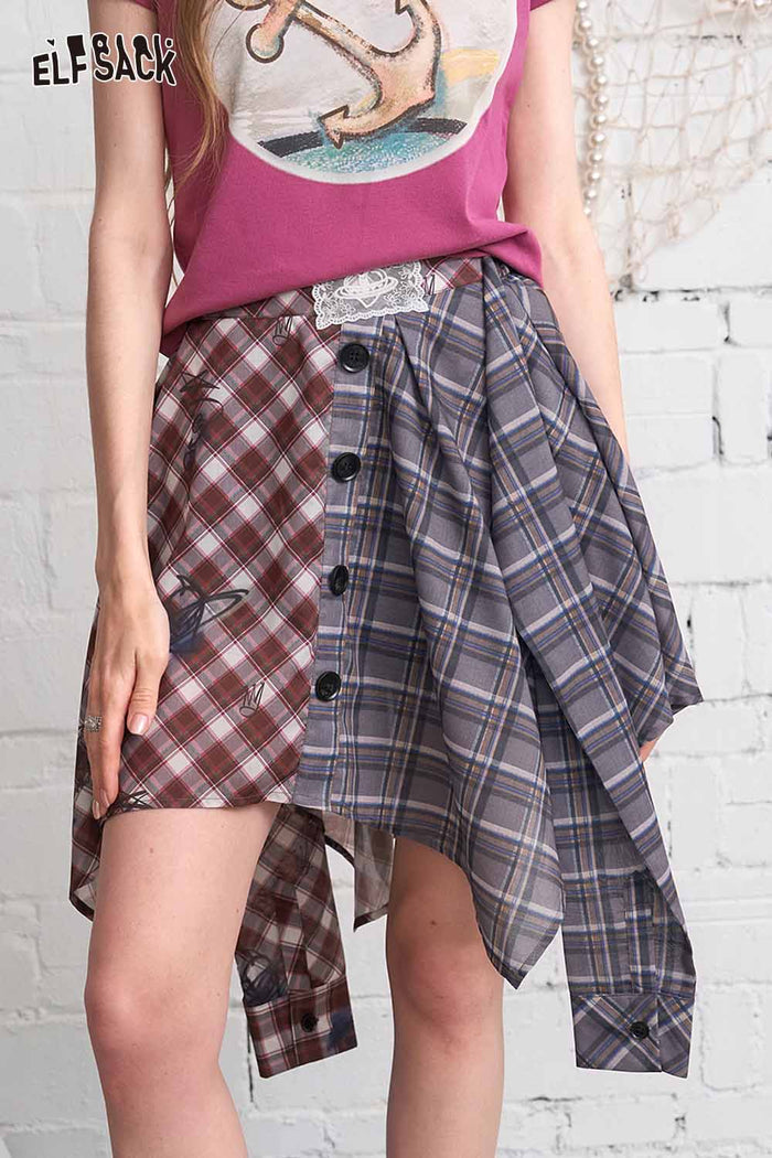 ELFSACK Asymmetrical Plaid Patchwork Midi Skirt