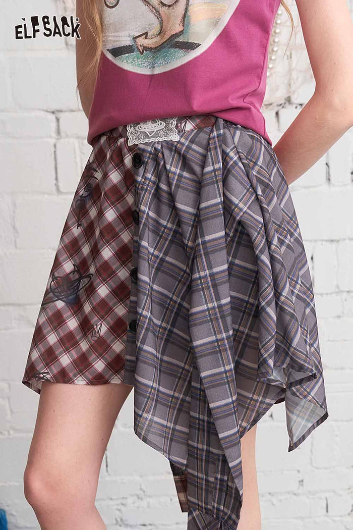 ELFSACK Asymmetrical Plaid Patchwork Midi Skirt