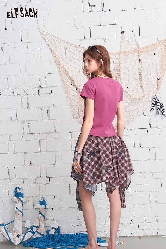 ELFSACK Asymmetrical Plaid Patchwork Midi Skirt