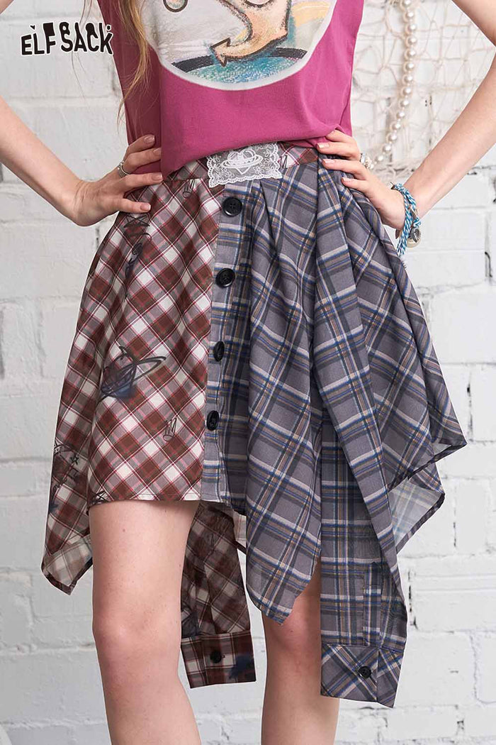 ELFSACK Asymmetrical Plaid Patchwork Midi Skirt