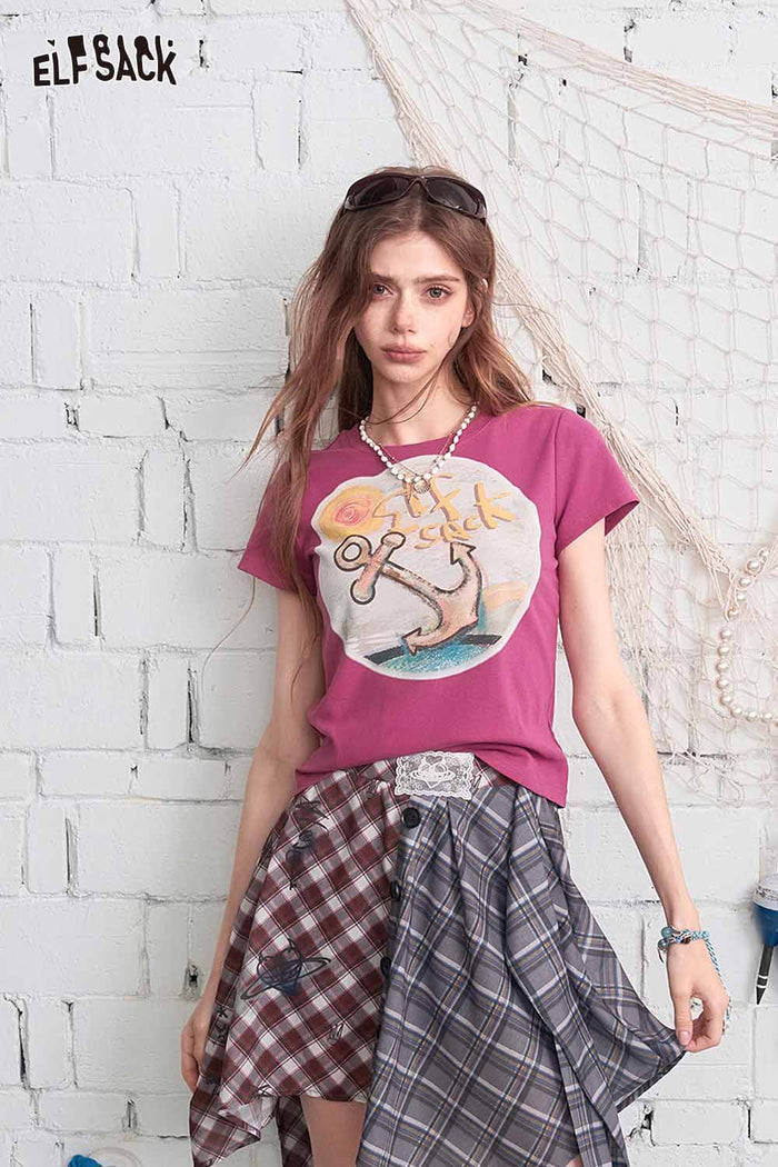 ELFSACK Asymmetrical Plaid Patchwork Midi Skirt