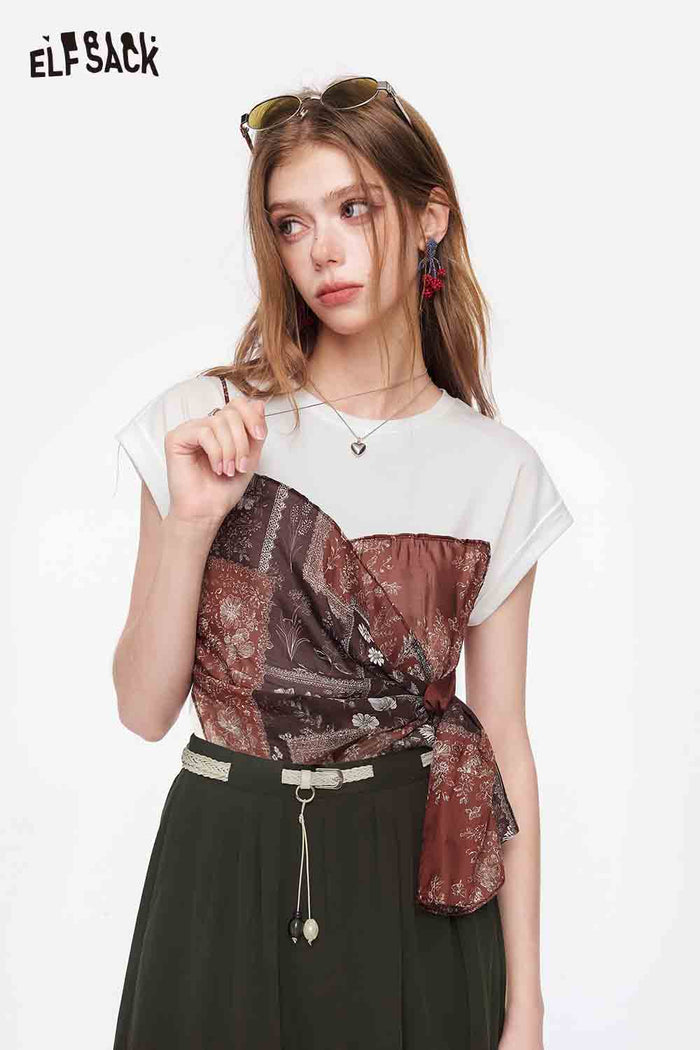 ELFSACK Bandana Patchwork Fake Two-Piece Tee