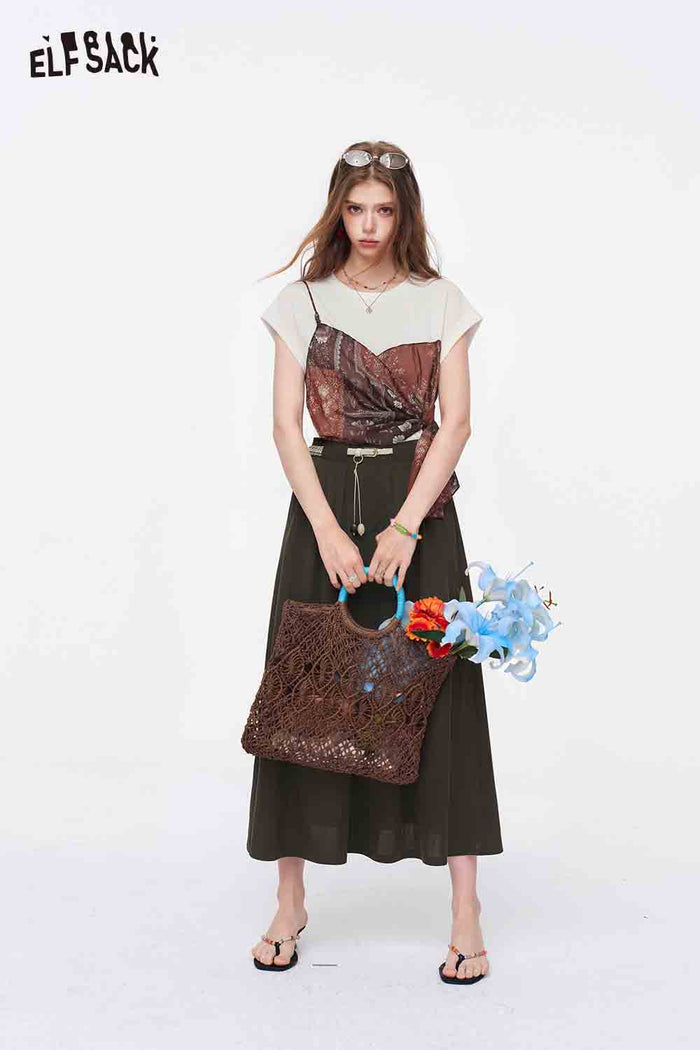 ELFSACK Bandana Patchwork Fake Two-Piece Tee