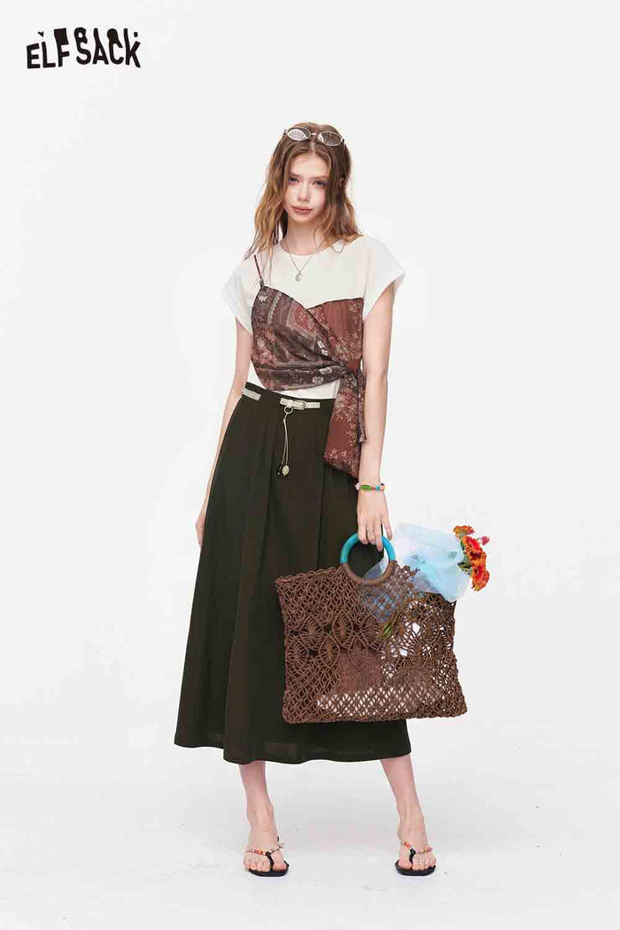 ELFSACK Bandana Patchwork Fake Two-Piece Tee