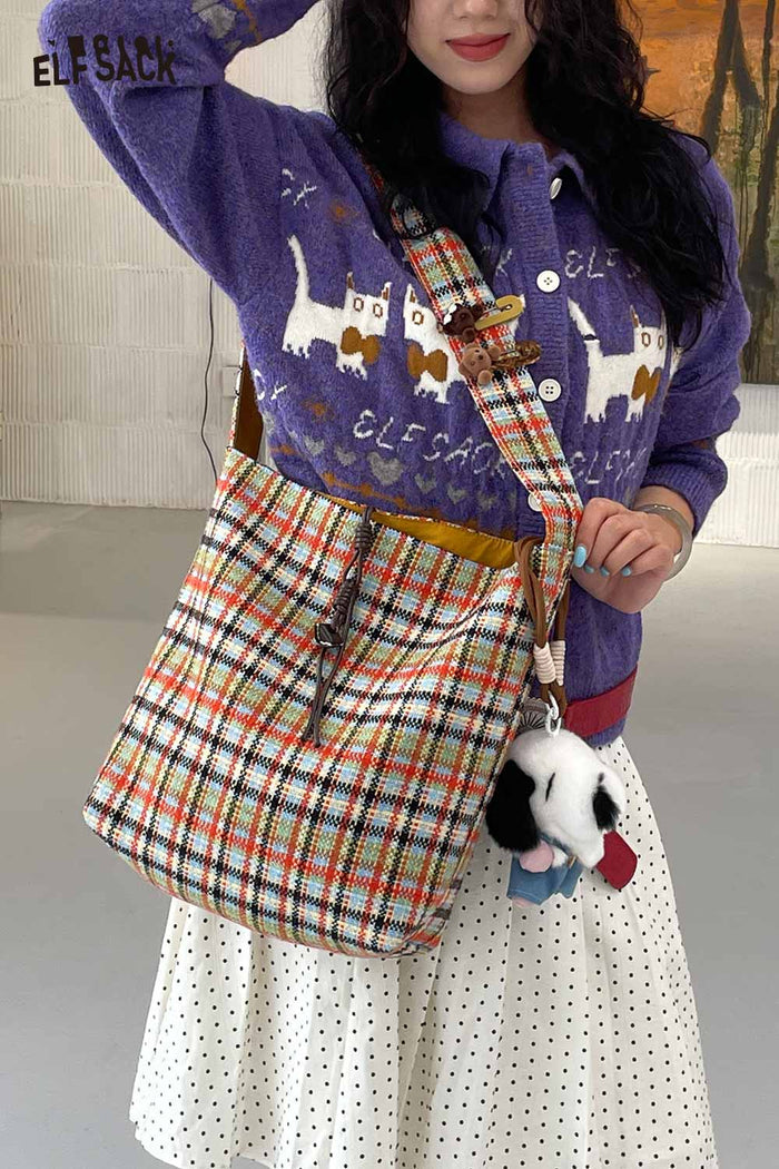 ELFSACK Basic Drawstring Multi Color Checkered Shoulder Bag