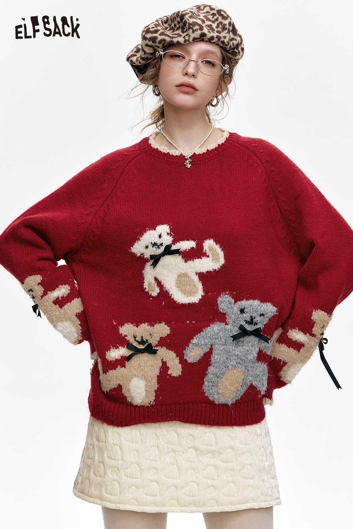 ELFSACK Bear Jacquard Red Lace Cuff Sweater