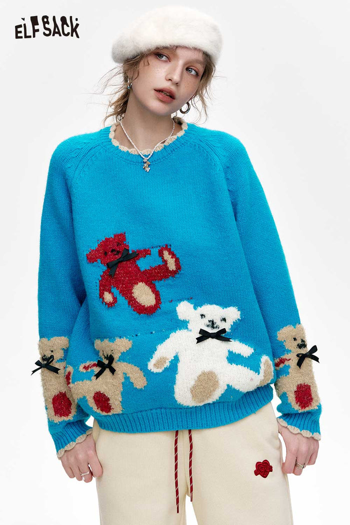 ELFSACK Bear Jacquard Red Lace Cuff Sweater