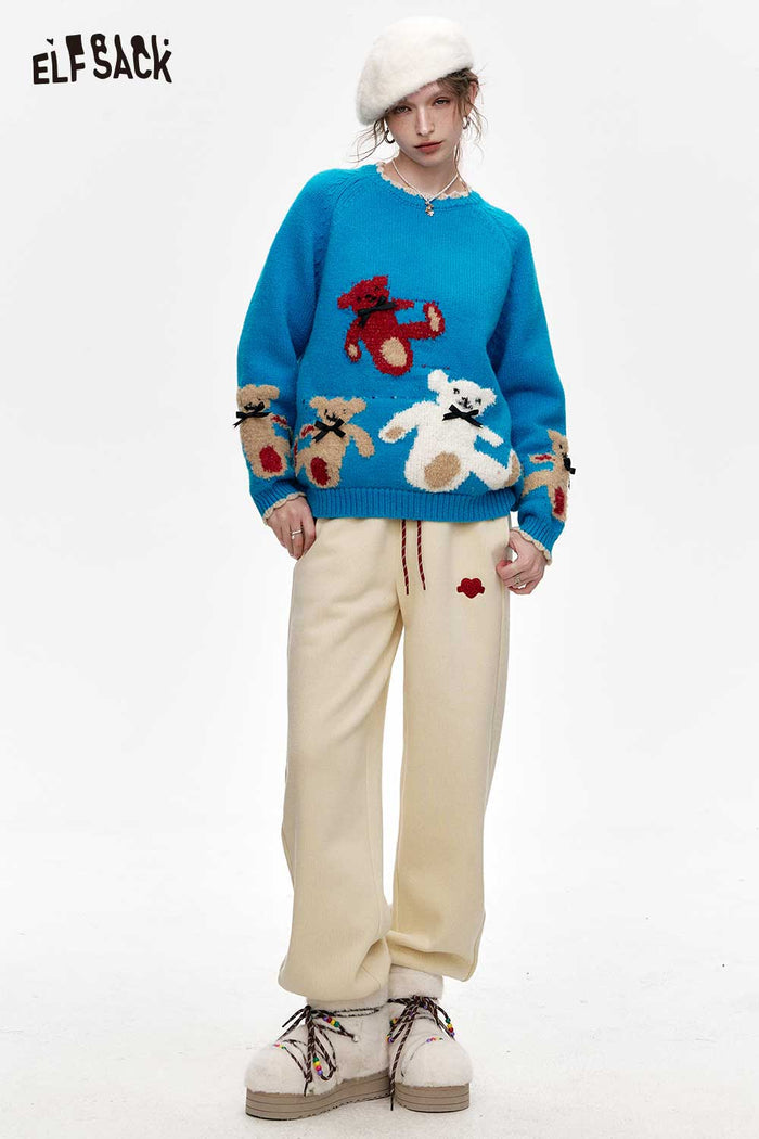 ELFSACK Bear Jacquard Red Lace Cuff Sweater