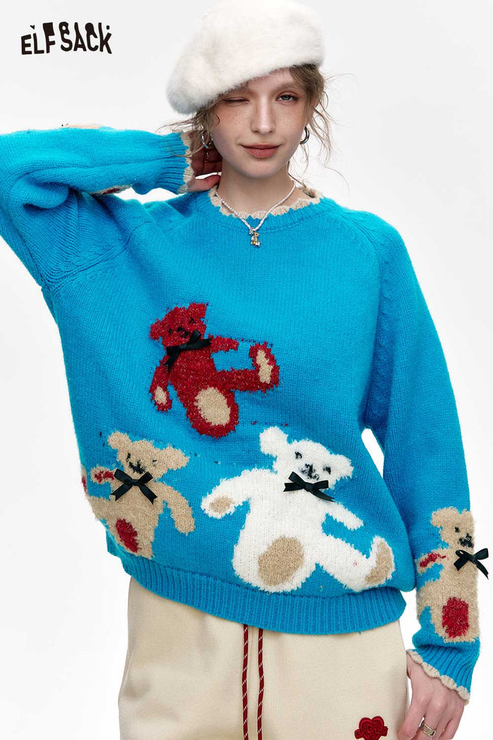 ELFSACK Bear Jacquard Red Lace Cuff Sweater