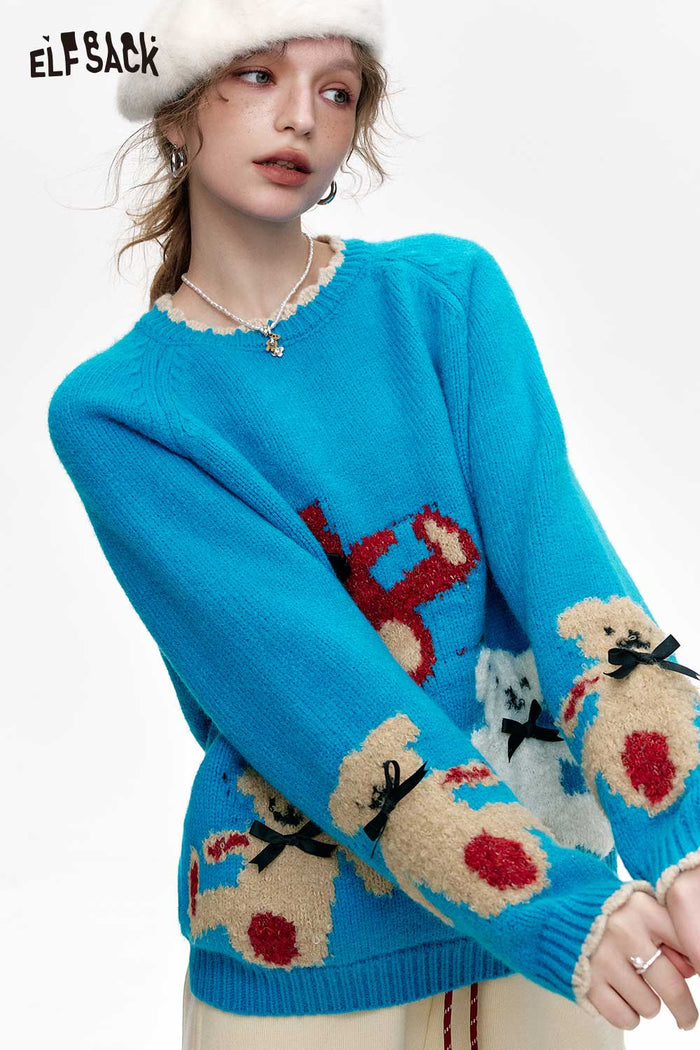 ELFSACK Bear Jacquard Red Lace Cuff Sweater
