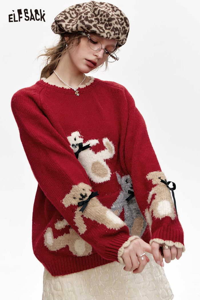 ELFSACK Bear Jacquard Red Lace Cuff Sweater