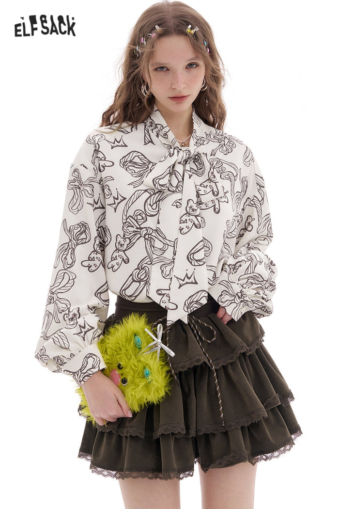 ELFSACK Bear Printed Lace-Up Puff Sleeve Shirt