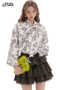 ELFSACK Bear Printed Lace-Up Puff Sleeve Shirt