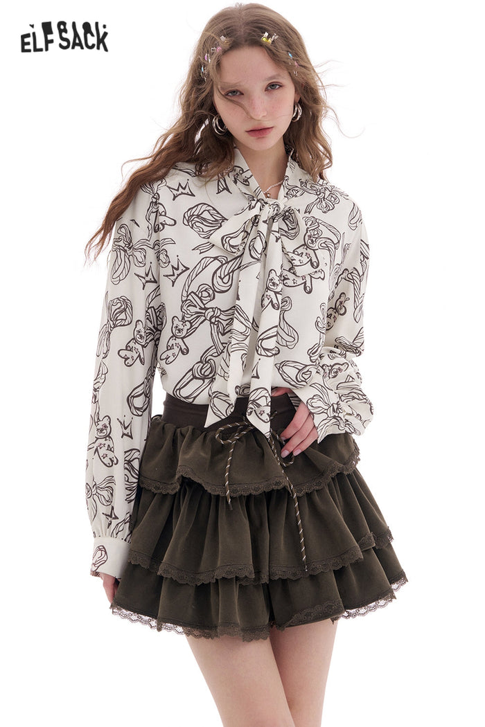 ELFSACK Bear Printed Lace-Up Puff Sleeve Shirt
