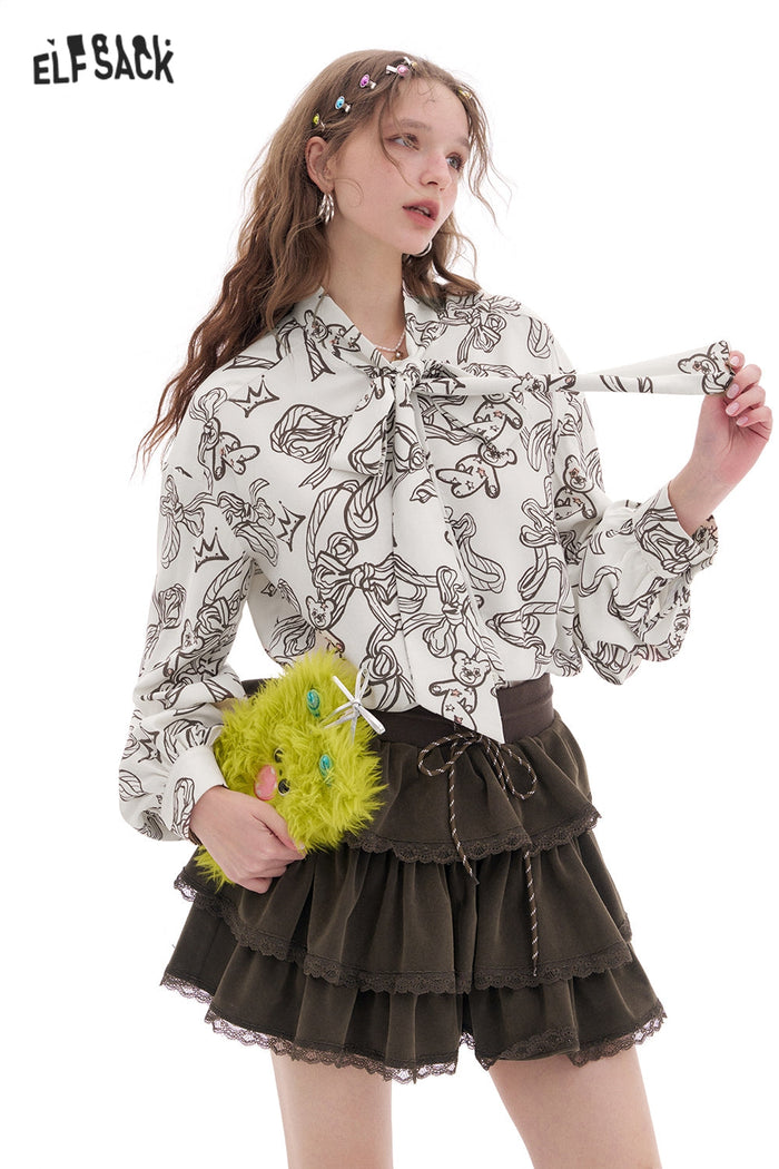 ELFSACK Bear Printed Lace-Up Puff Sleeve Shirt