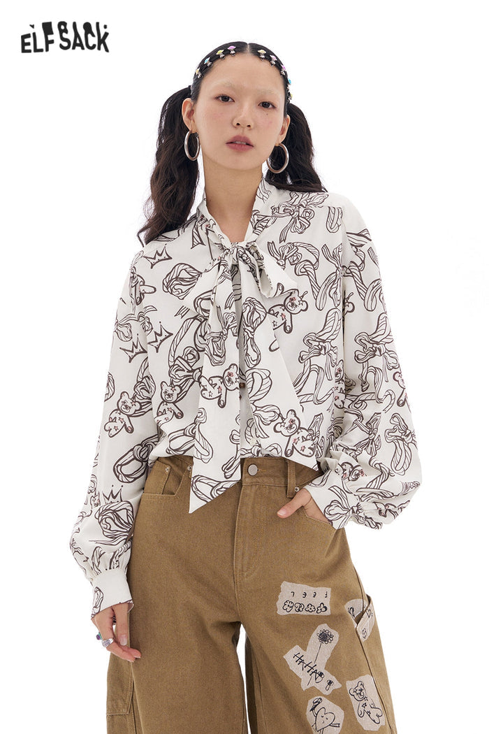 ELFSACK Bear Printed Lace-Up Puff Sleeve Shirt