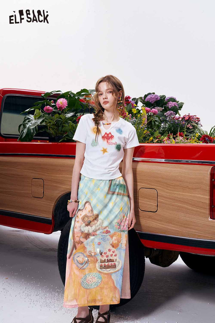 ELFSACK Bear Tea Party Print A-Line Midi Skirt