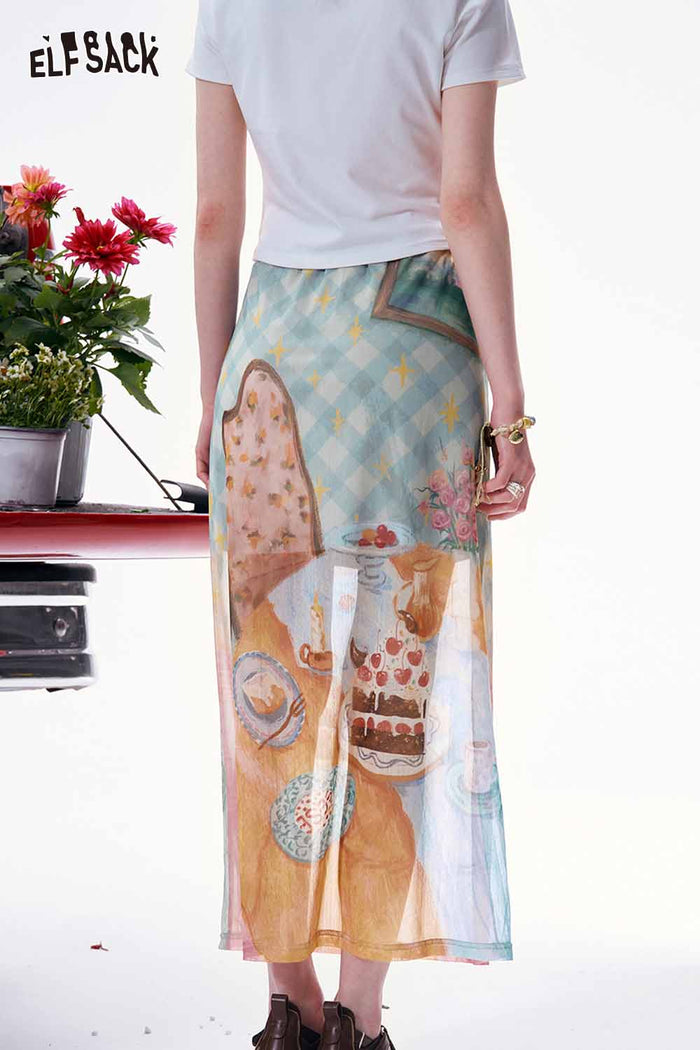 ELFSACK Bear Tea Party Print A-Line Midi Skirt