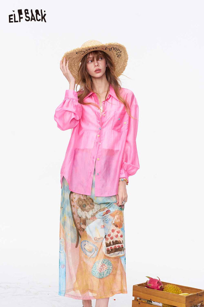 ELFSACK Bear Tea Party Print A-Line Midi Skirt