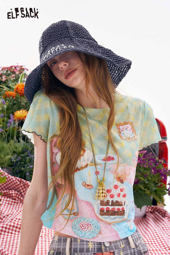 ELFSACK Bear Tea Party Print Ruffle Cropped Tee