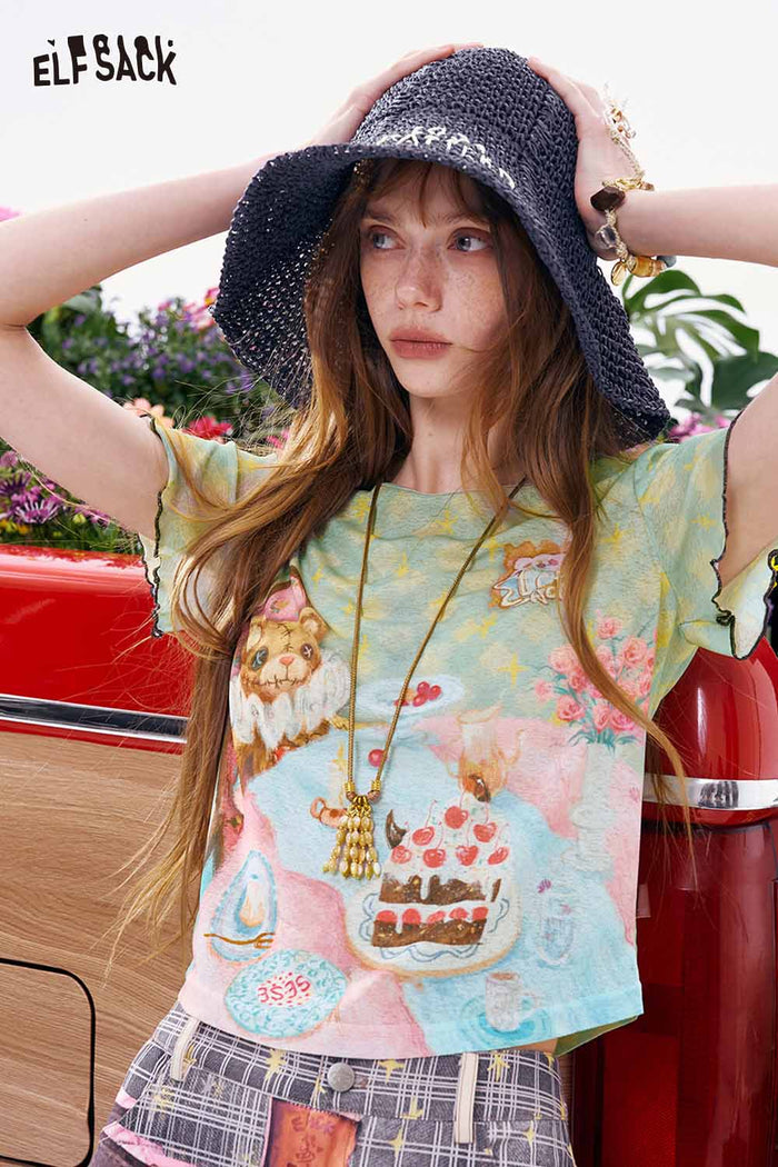ELFSACK Bear Tea Party Print Ruffle Cropped Tee