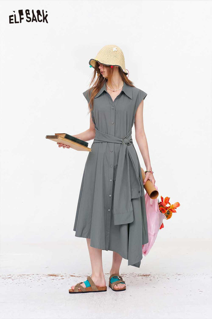 ELFSACK Belted Irregular Hem Shirt Midi Dress