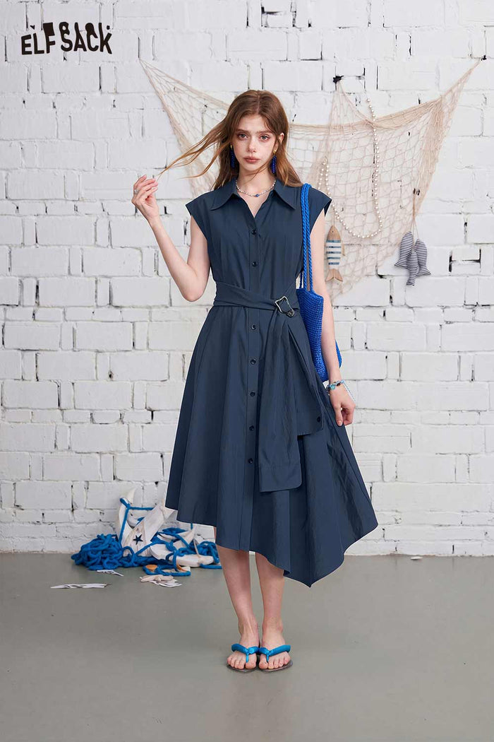 ELFSACK Belted Irregular Hem Shirt Midi Dress