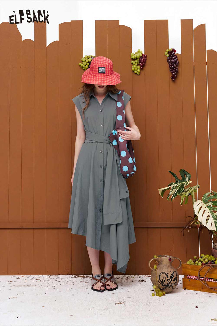 ELFSACK Belted Irregular Hem Shirt Midi Dress