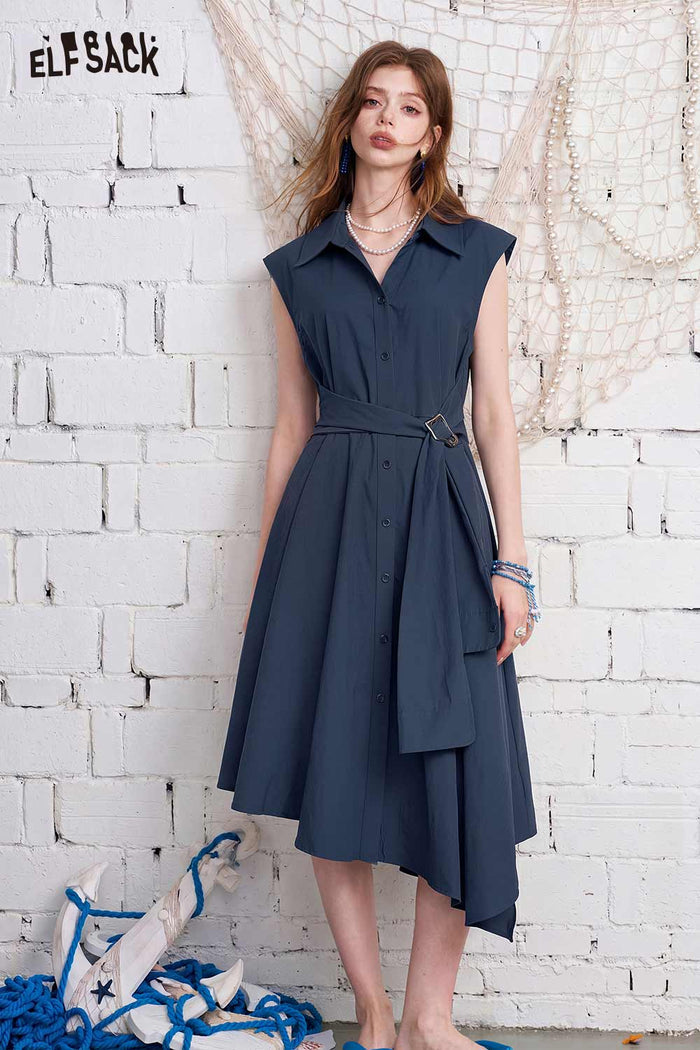 ELFSACK Belted Irregular Hem Shirt Midi Dress