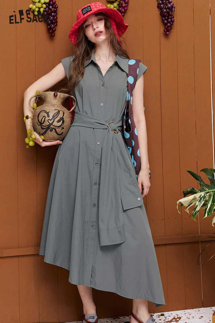 ELFSACK Belted Irregular Hem Shirt Midi Dress