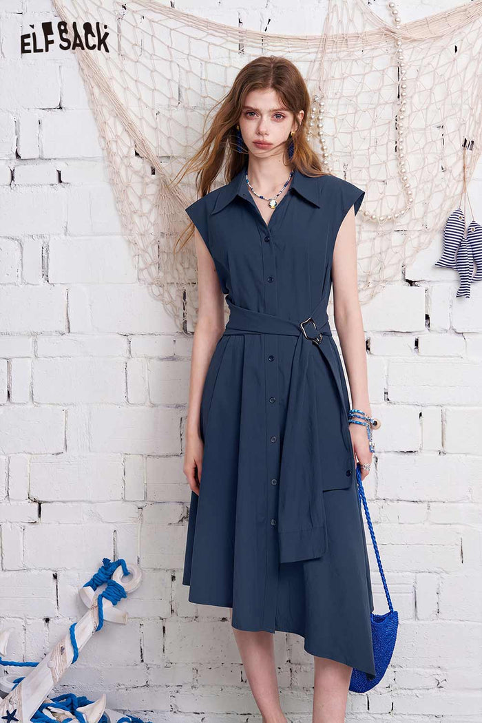 ELFSACK Belted Irregular Hem Shirt Midi Dress