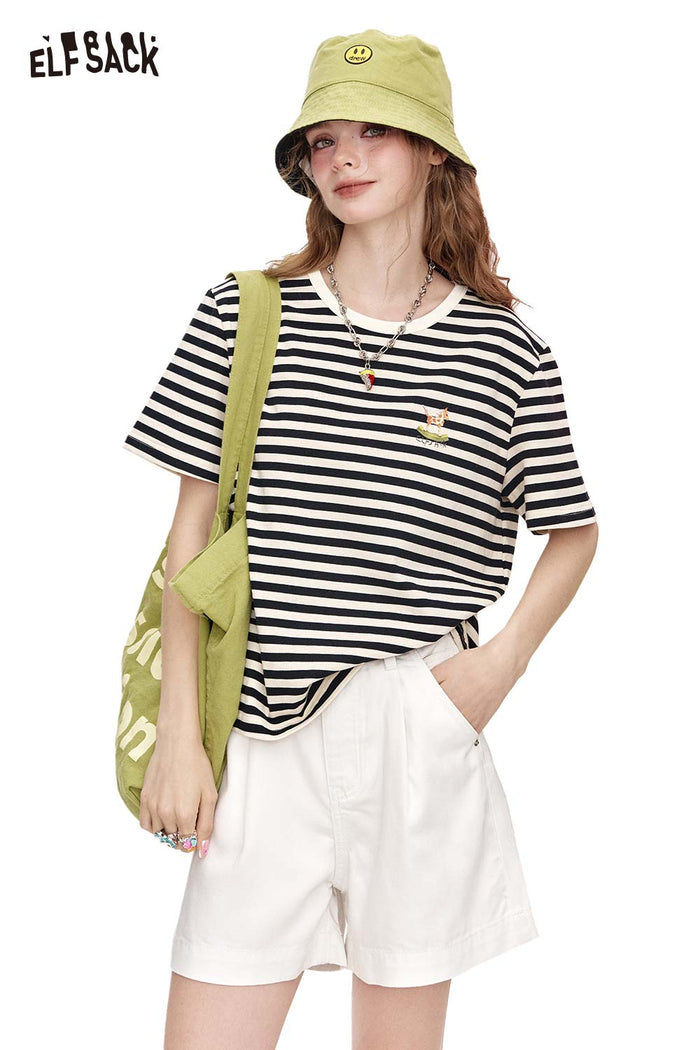 ELFSACK Black And White Striped Casual Loose Short Sleeve T-Shirt