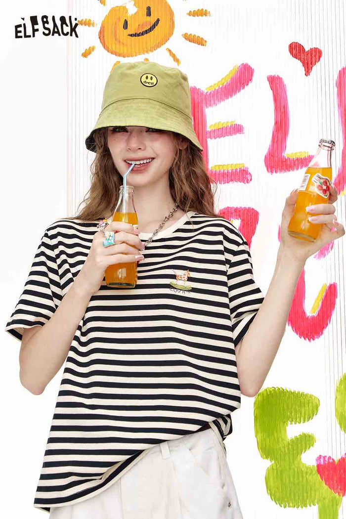 ELFSACK Black And White Striped Casual Loose Short Sleeve T-Shirt