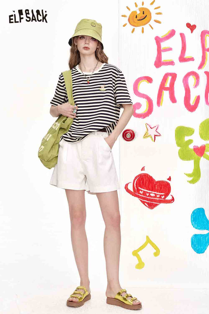ELFSACK Black And White Striped Casual Loose Short Sleeve T-Shirt