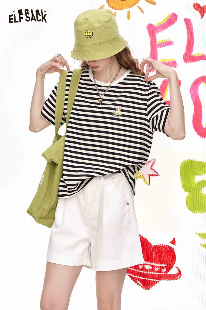 ELFSACK Black And White Striped Casual Loose Short Sleeve T-Shirt