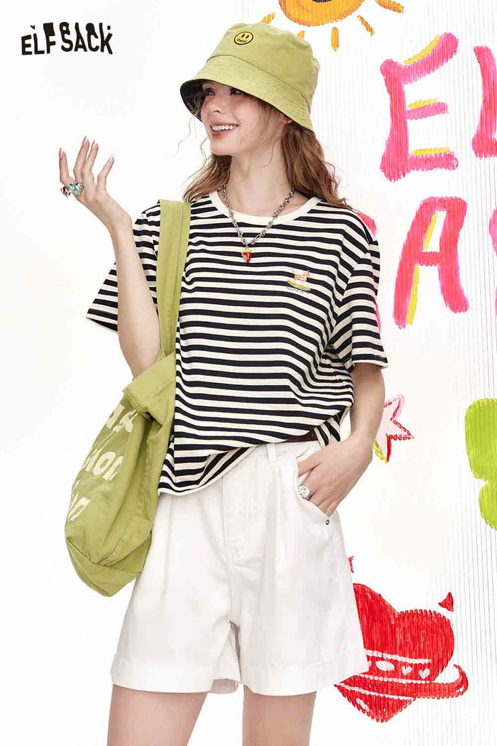 ELFSACK Black And White Striped Casual Loose Short Sleeve T-Shirt