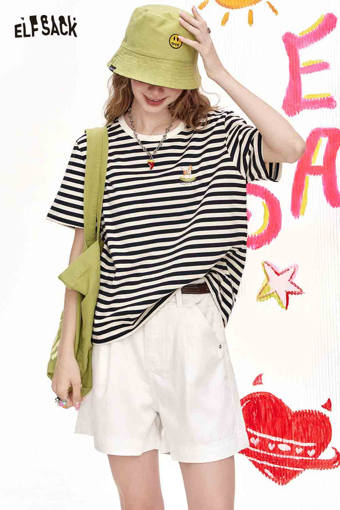 ELFSACK Black And White Striped Casual Loose Short Sleeve T-Shirt