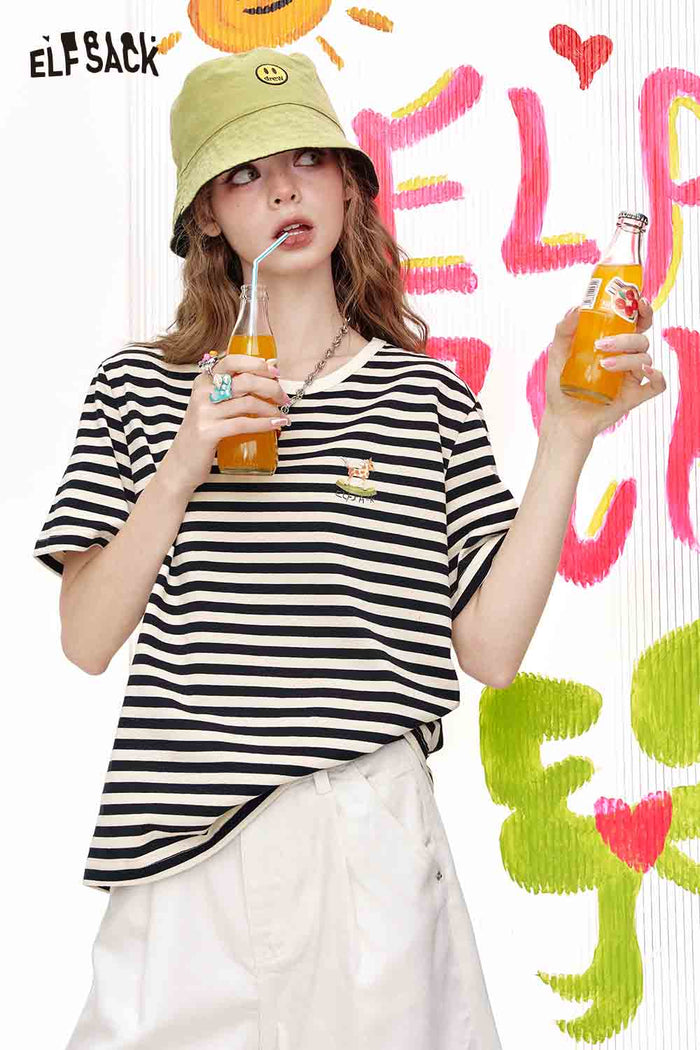 ELFSACK Black And White Striped Casual Loose Short Sleeve T-Shirt