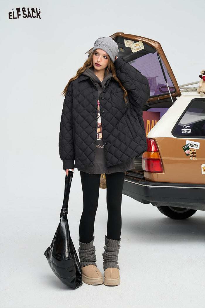 ELFSACK Black diamond grid shirt style down jacket