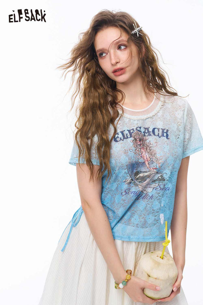 ELFSACK Blue Gradient Lace Mermaid Graphic Top