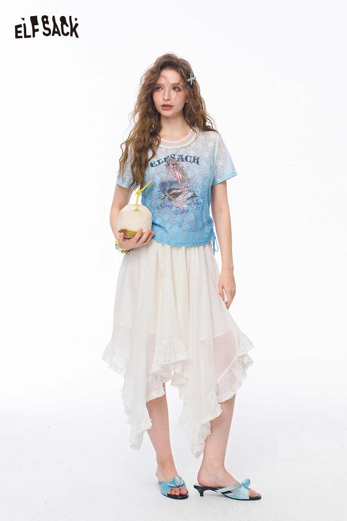 ELFSACK Blue Gradient Lace Mermaid Graphic Top