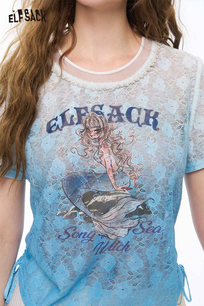 ELFSACK Blue Gradient Lace Mermaid Graphic Top