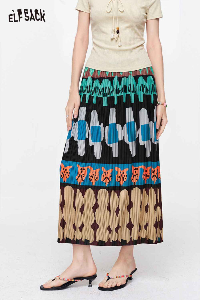 ELFSACK Boho Ethnic Print Pleated Midi Skirt