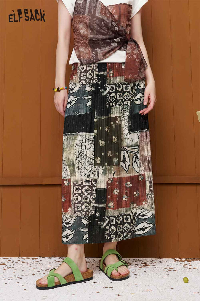 ELFSACK Boho Ethnic Print Pleated Midi Skirt