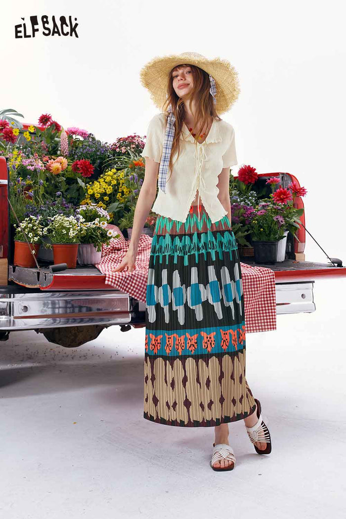 ELFSACK Boho Ethnic Print Pleated Midi Skirt