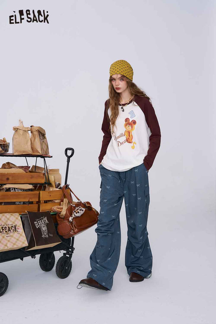 ELFSACK Bow Print Casual Wide-Leg Pants