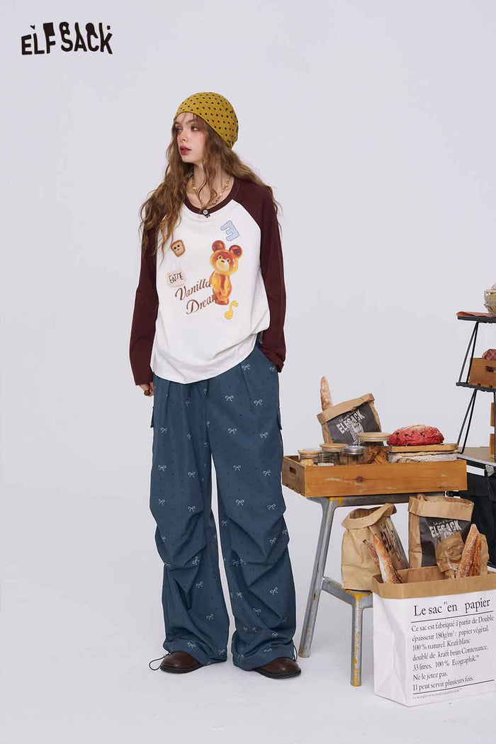 ELFSACK Bow Print Casual Wide-Leg Pants