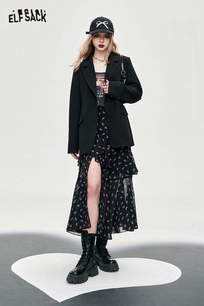 ELFSACK Bow Print High-Waist Slit Black Mid-Length Skirt